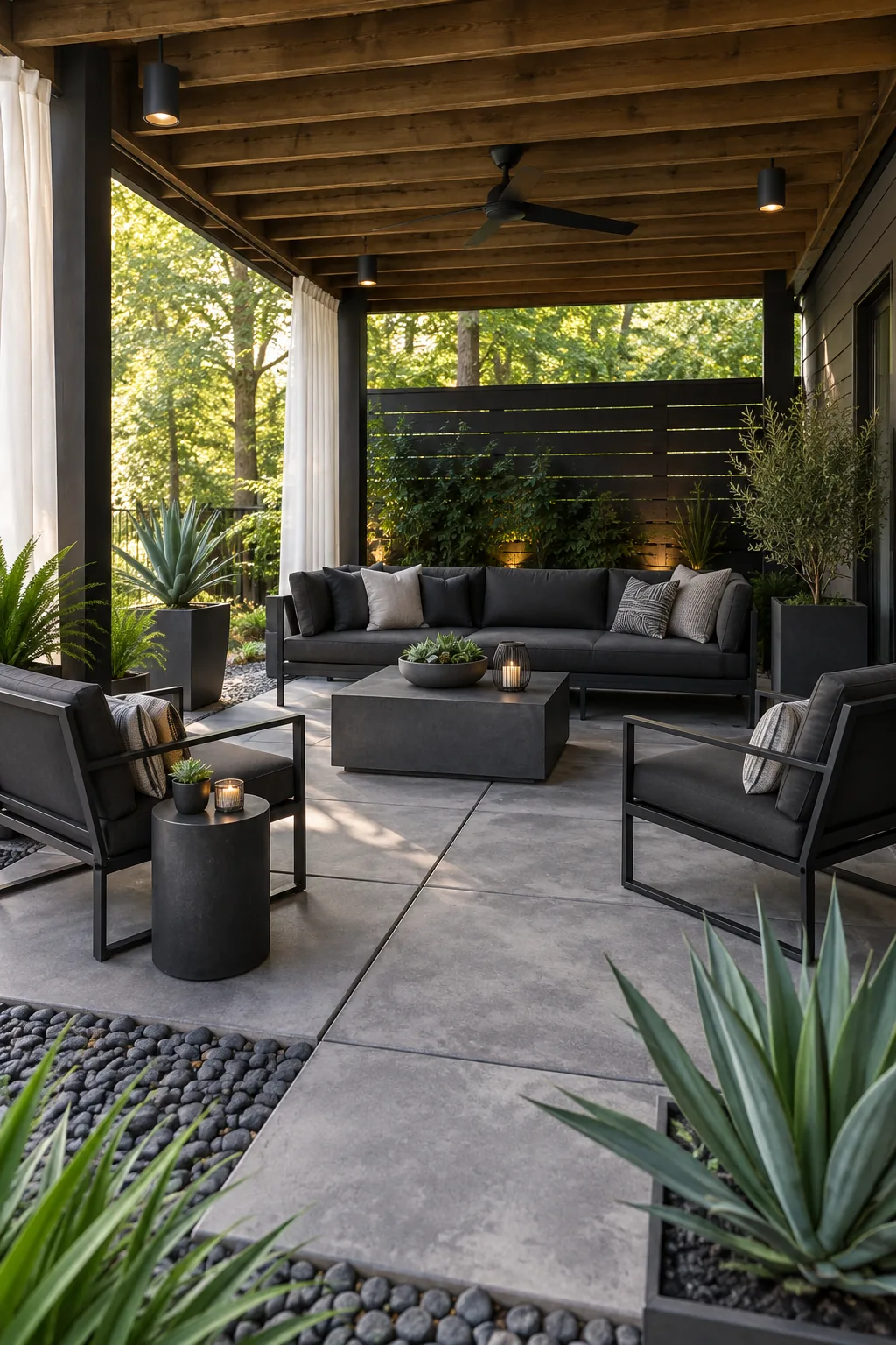 Modern minimalist under-deck patio with concrete pavers and black metal furniture.