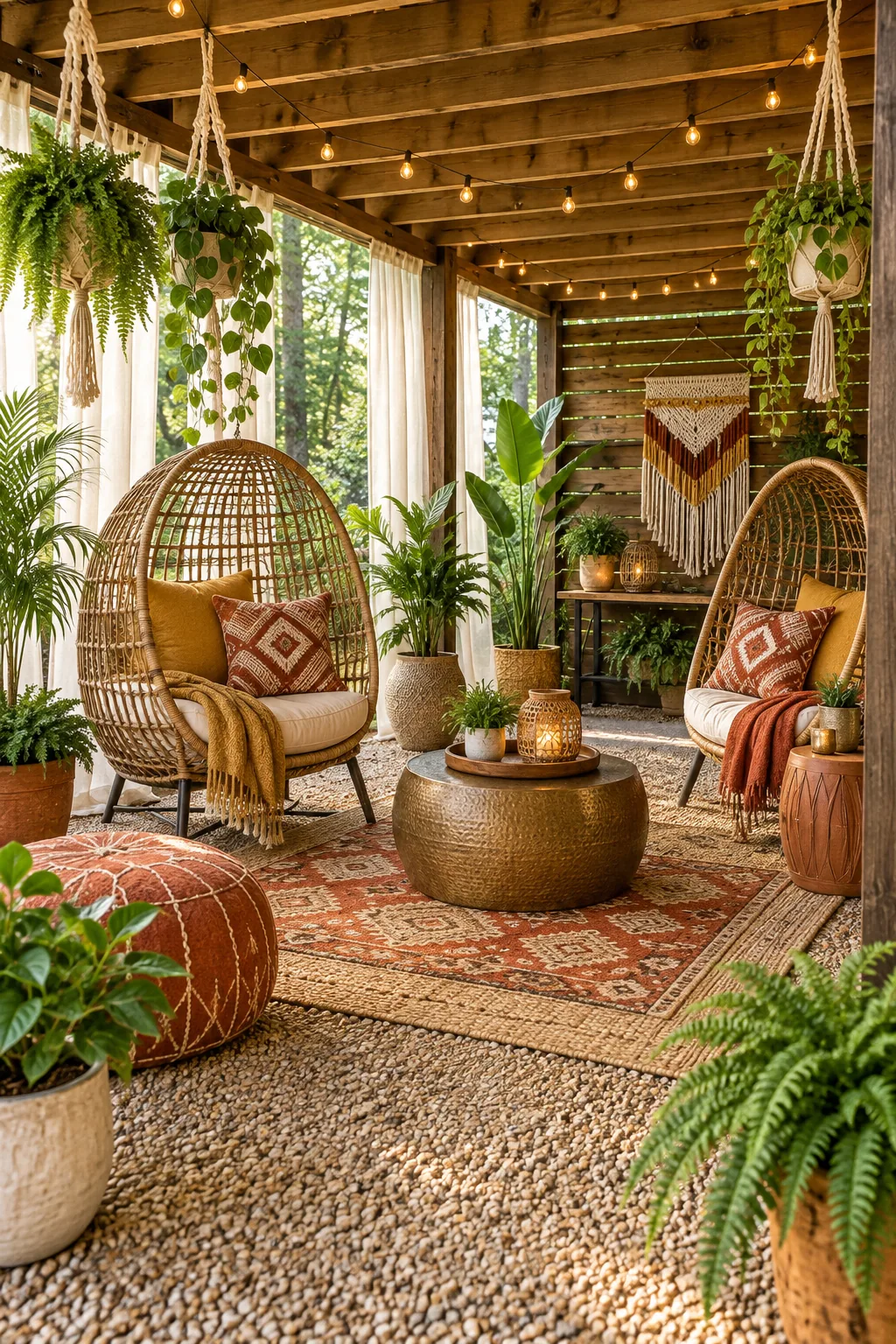 Boho under-deck lounge with pea gravel, rattan chairs, and layered outdoor rugs.
