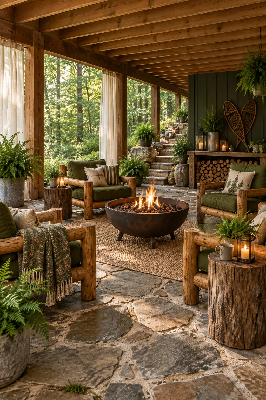 Rustic under-deck patio with flagstone flooring and chunky cedar log furniture.
