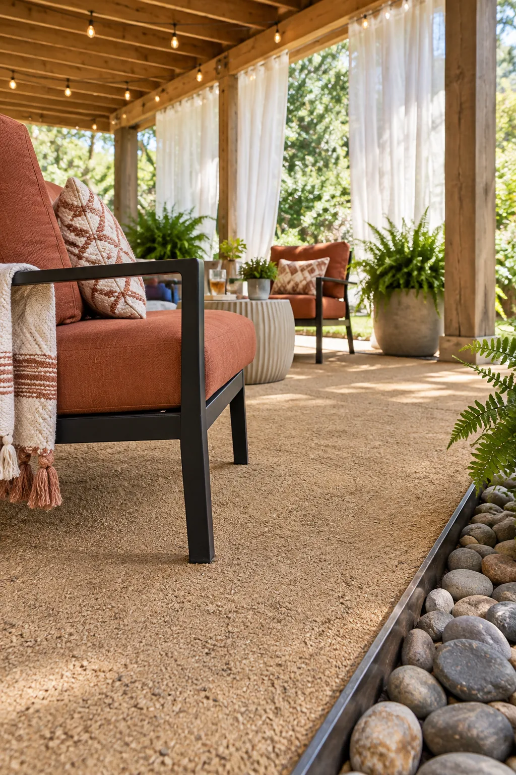 Close-up of a black metal chair leg resting on a smooth, hard-packed tan decomposed granite surface.