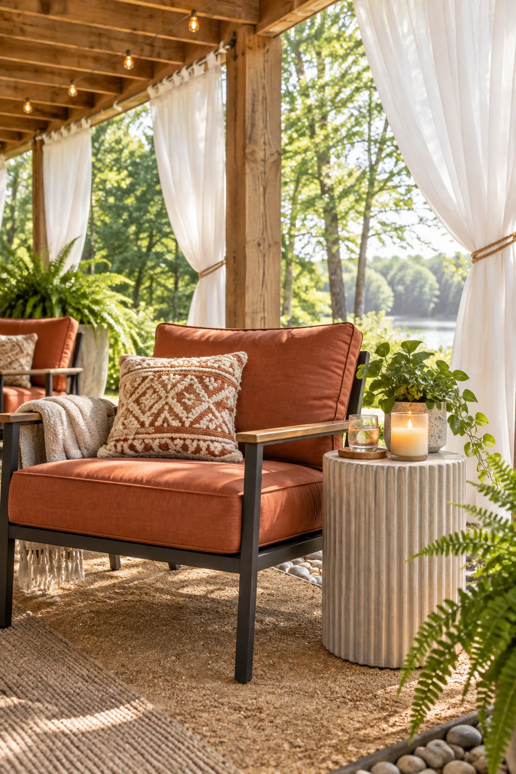 Steel wire and a turnbuckle attached to a wooden deck post, holding white sheer curtains.