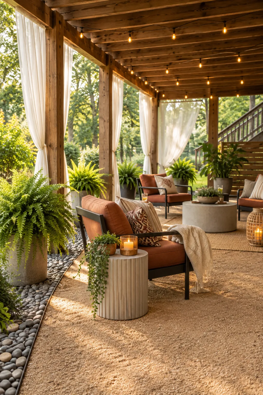 Terracotta cushioned outdoor lounge chair with a patterned throw pillow next to a black side table.