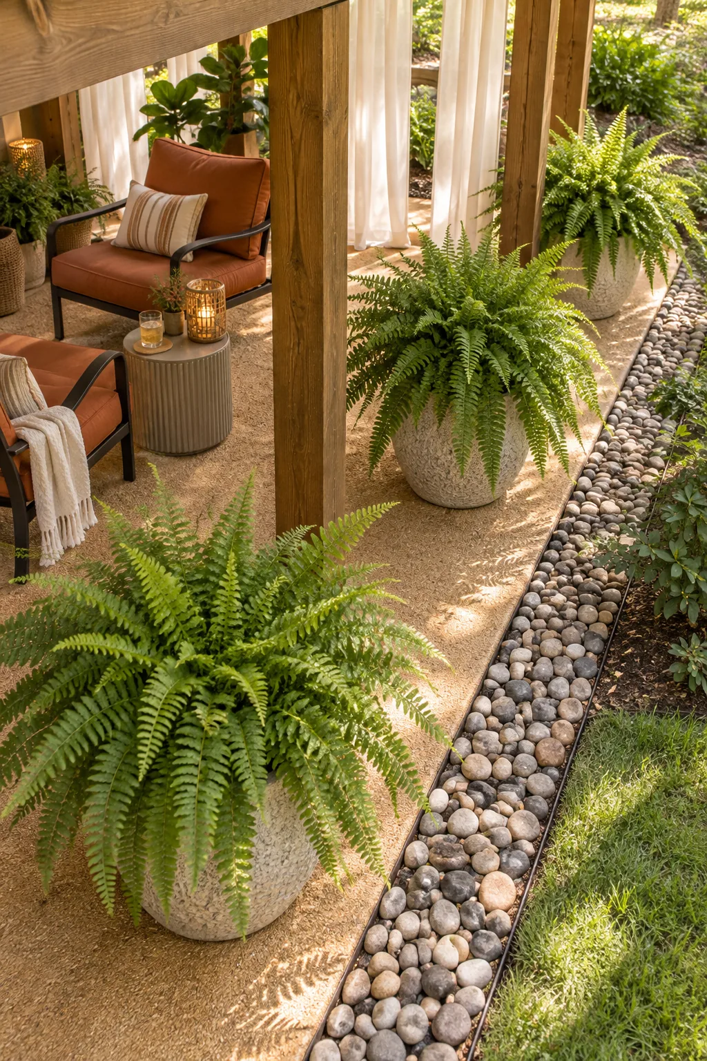 Row of green ferns in grey concrete planters sitting on a tan gravel patio near a rock border.