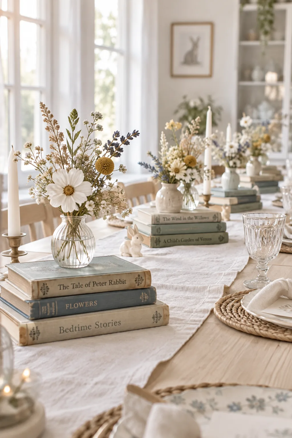Stack of vintage children's books used as a centerpiece with small flowers.