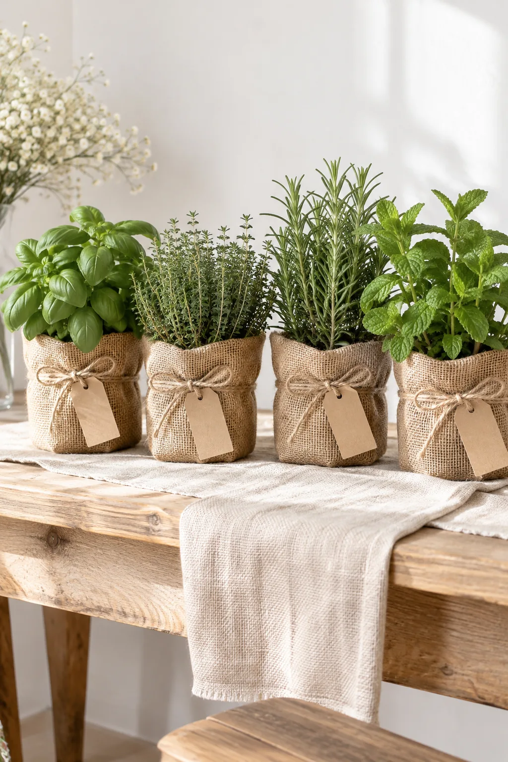 Small potted herbs wrapped in burlap on a dining table.