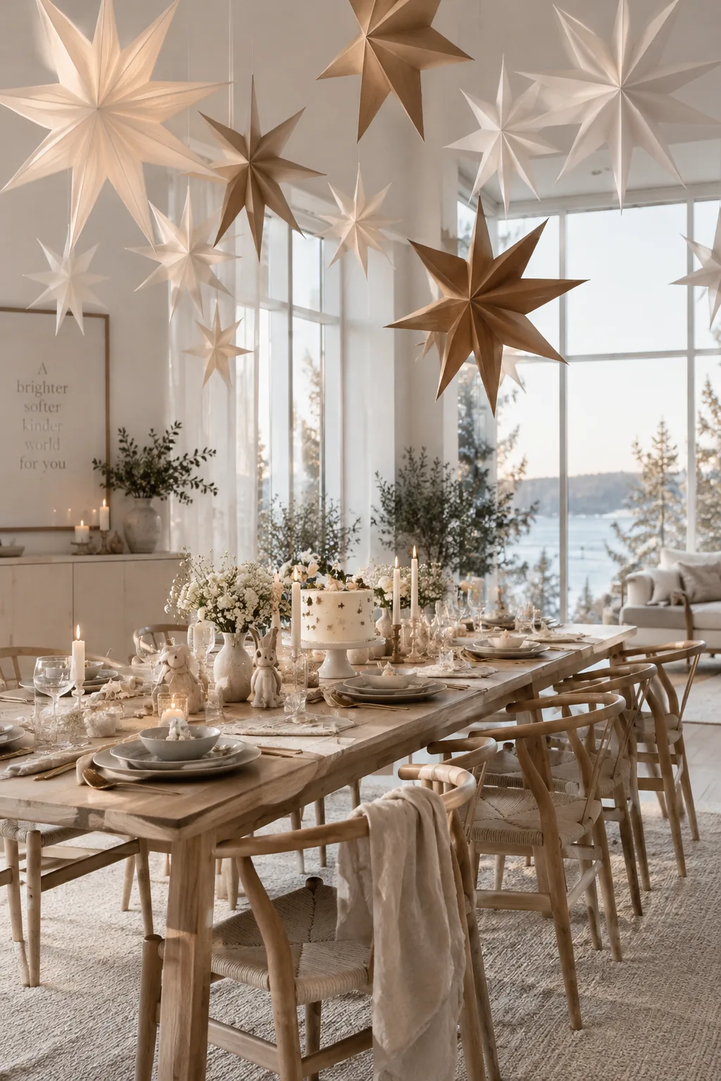 Large paper stars hanging from a dining room ceiling at varying heights.