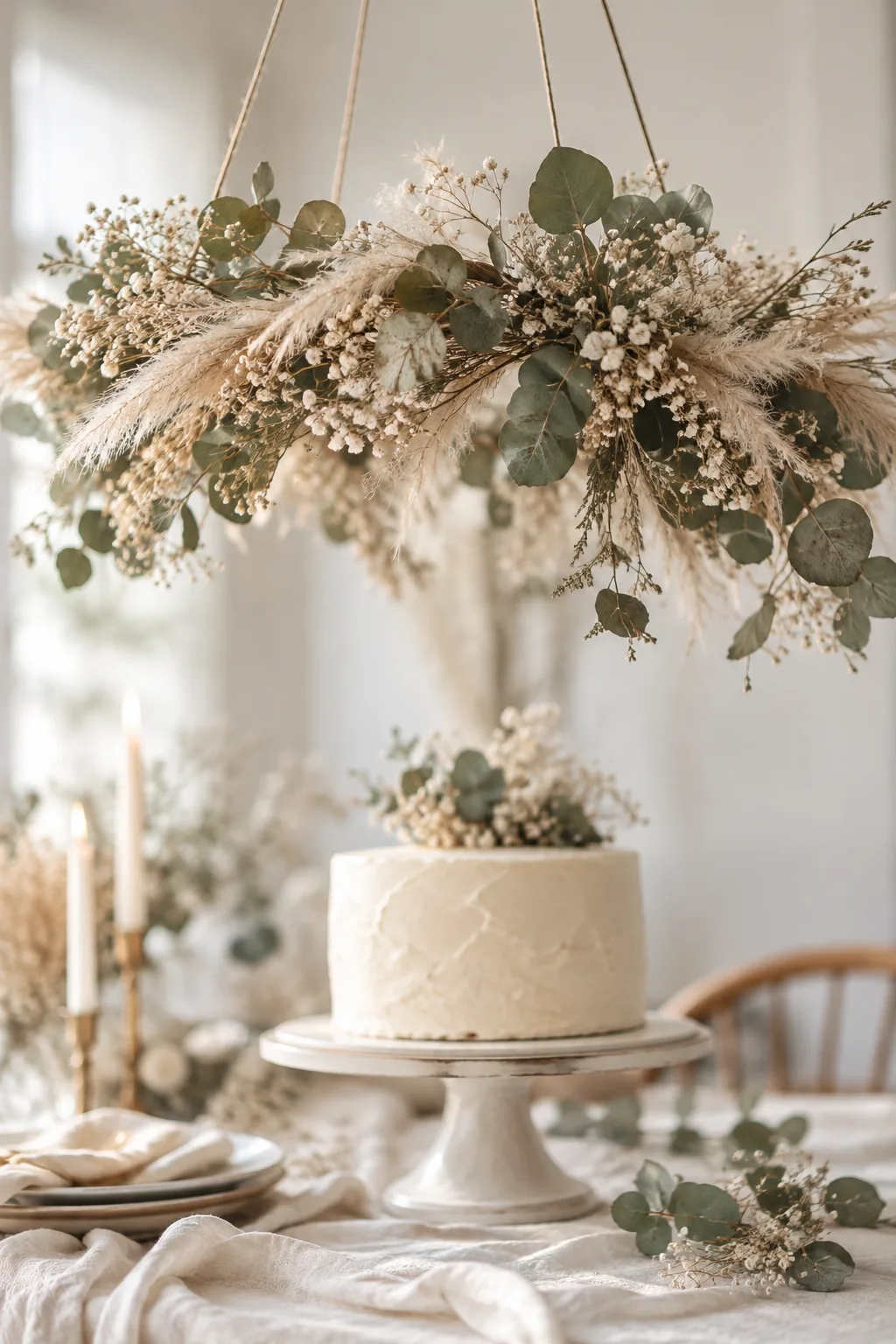 Dried eucalyptus and baby's breath hanging above a cake table.