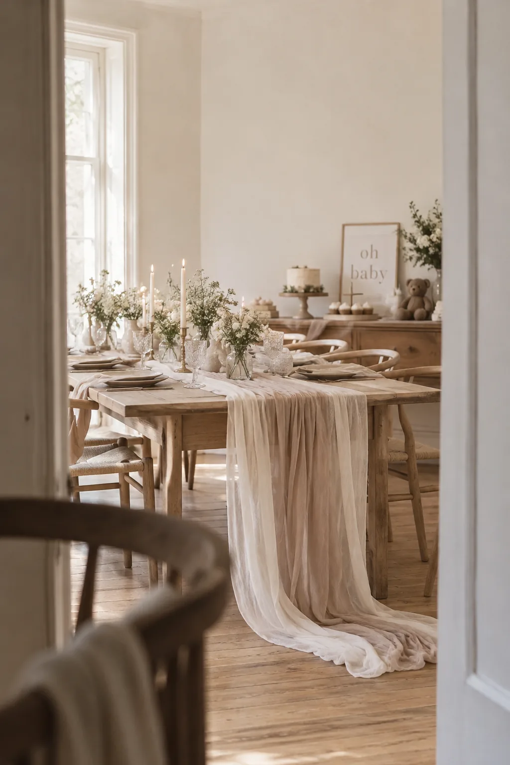 Dyed cotton gauze draped along a wall with string lights.