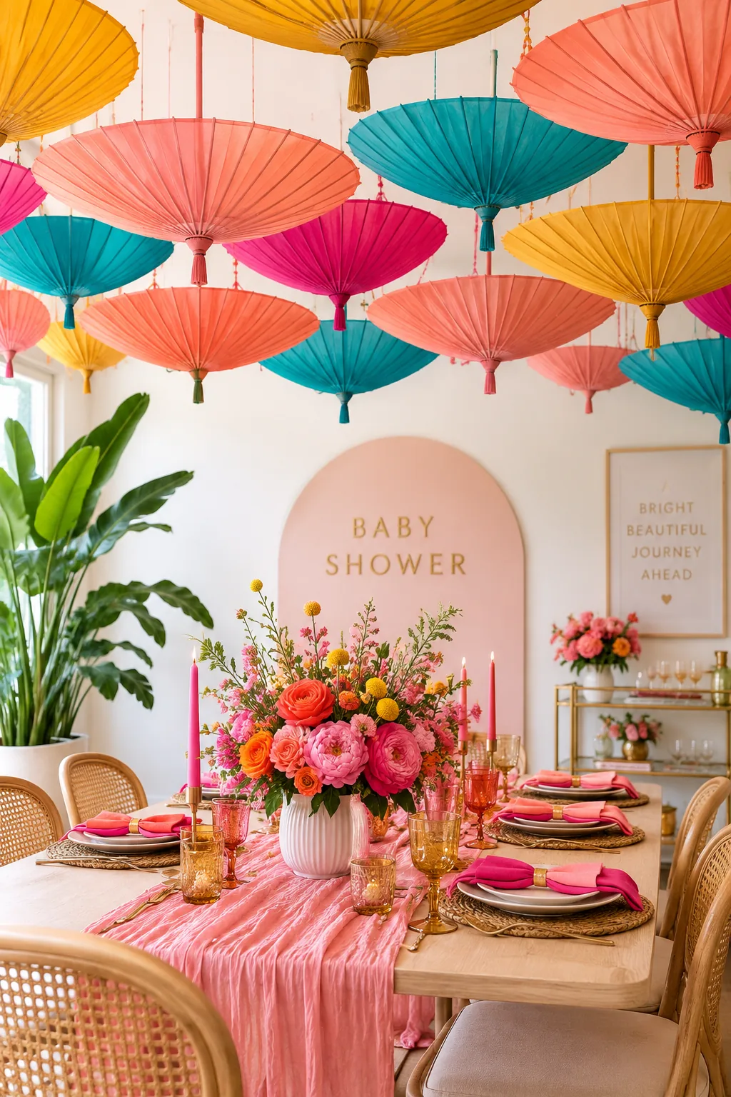 Colorful paper parasols suspended upside down from a ceiling over a dining table.