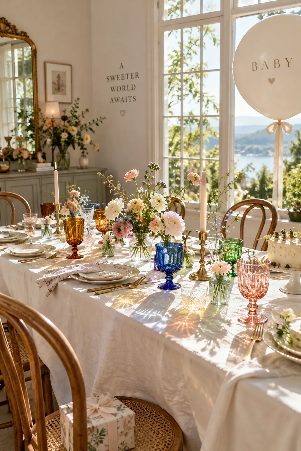 Mix of amber, pink, and green vintage glasses on a white tablecloth.