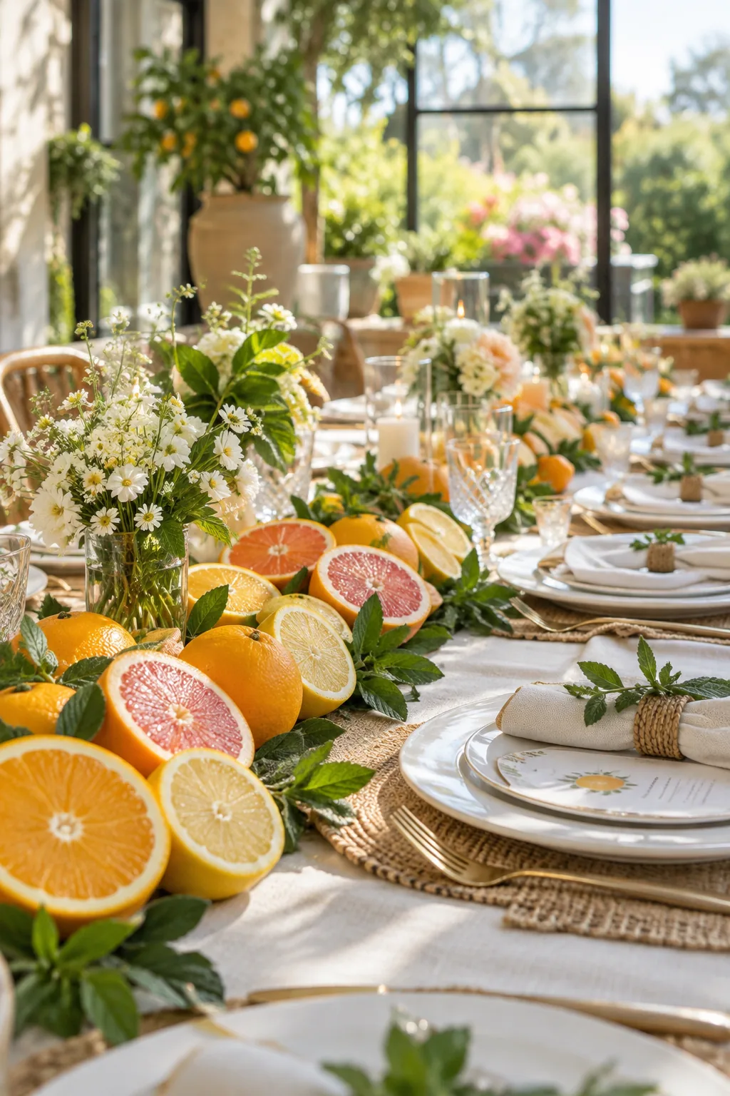 Halved oranges and lemons arranged with mint down the center of a table.