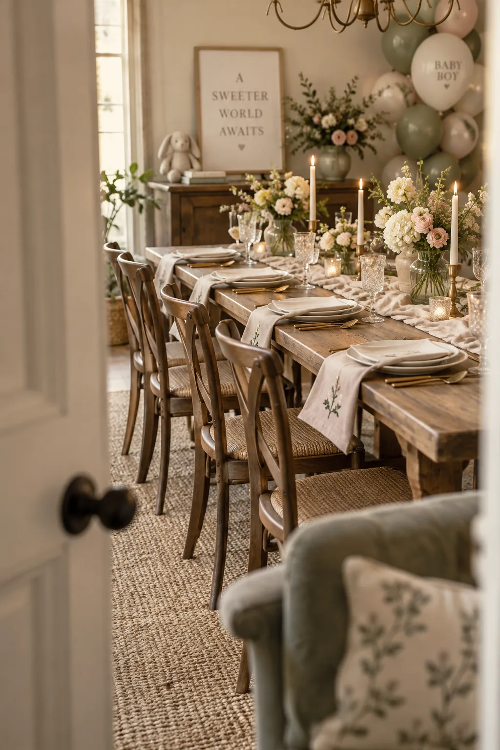 Linen napkin with a guest's name embroidered in the corner on a dinner plate.