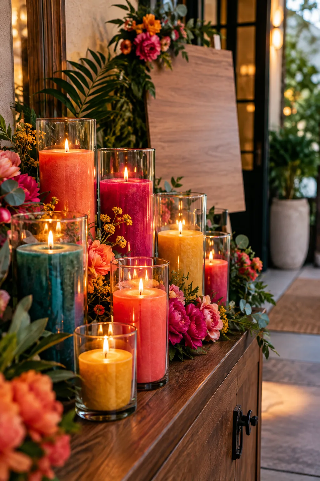 Cluster of different sized glass cylinders with pillar candles next to a welcome sign.