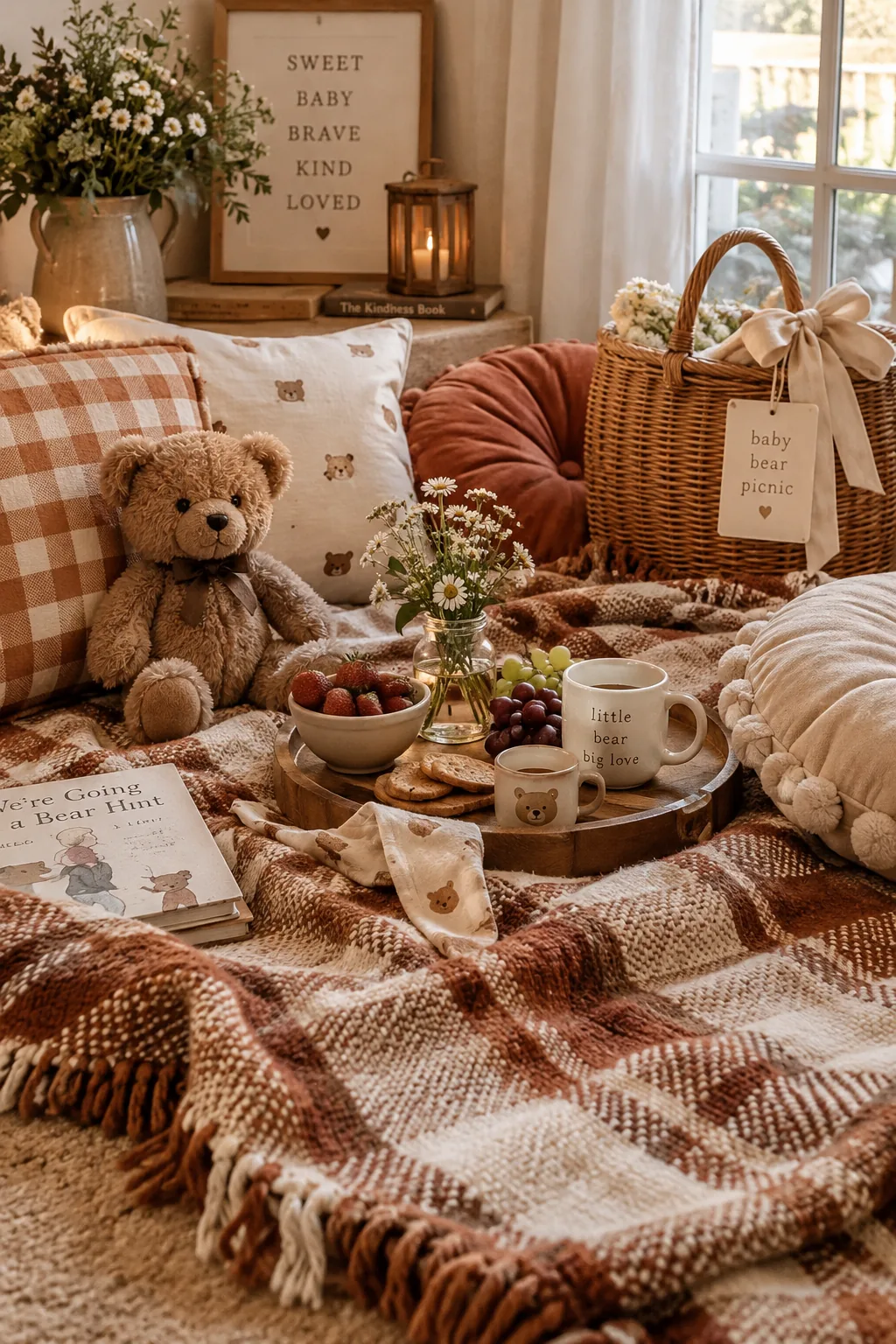 Thick blankets and floor cushions arranged around low tables for a picnic.