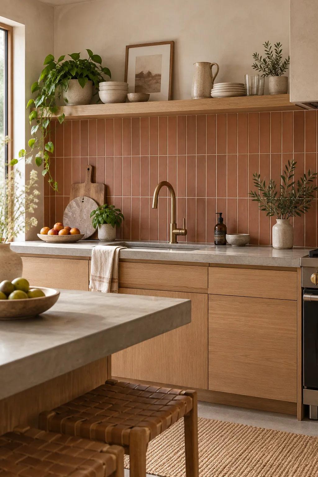 A warm minimalist kitchen featuring a matte terracotta vertical stack-bond tile backsplash and oak cabinets.