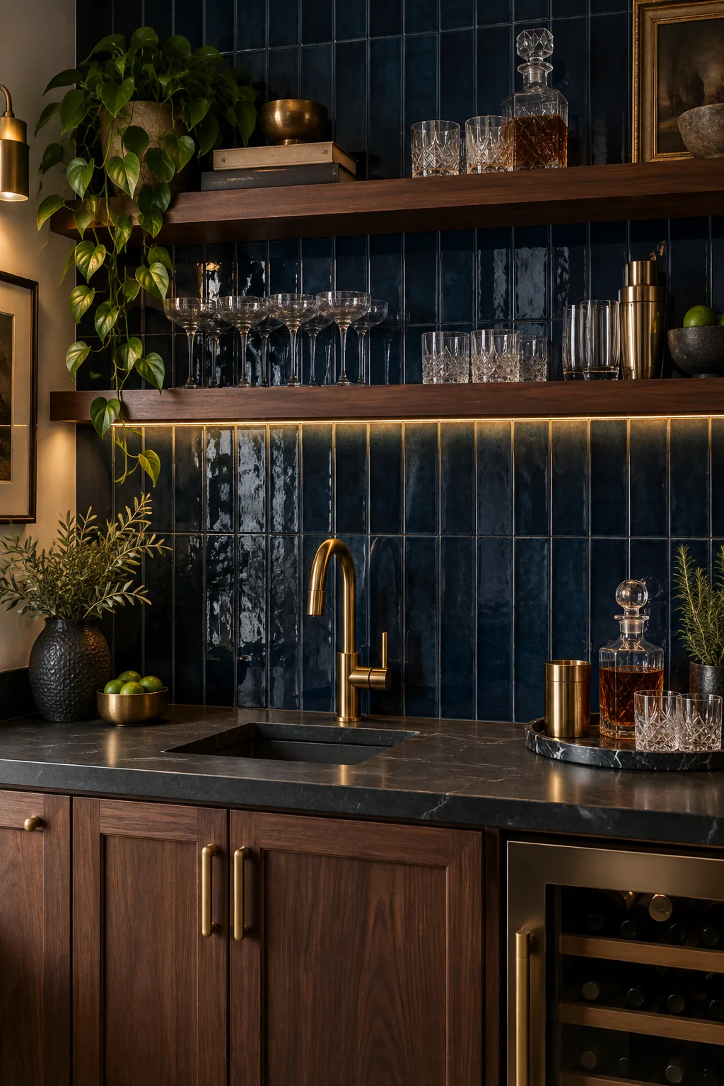 A moody wet bar with glossy navy blue vertical stack-bond tile and brass fixtures.