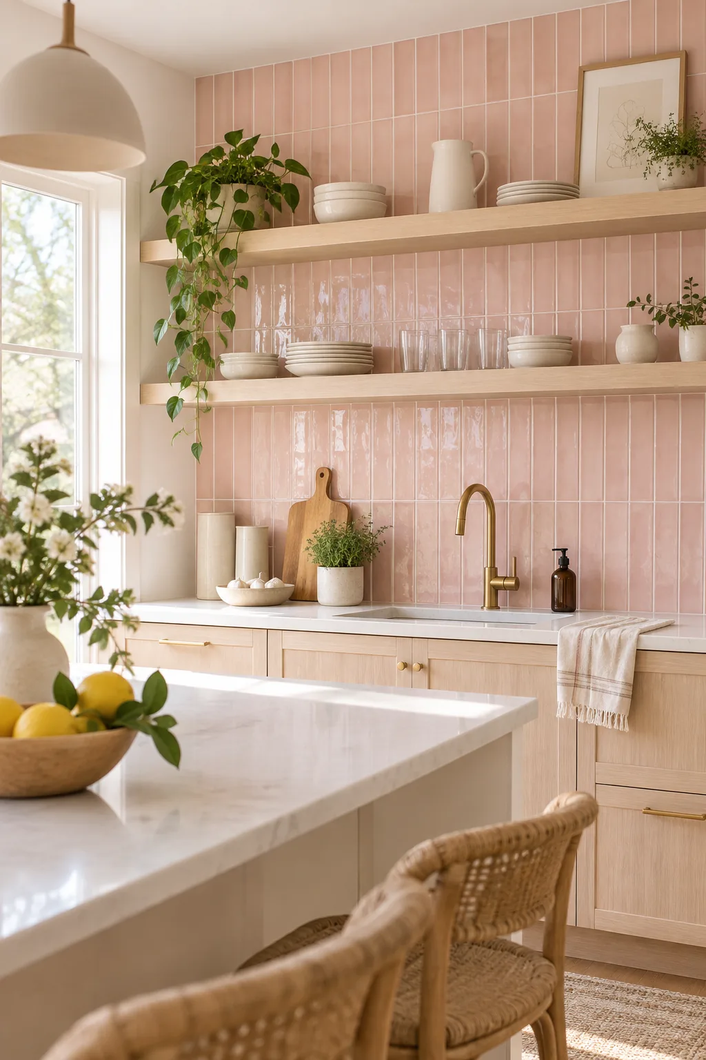 An airy Scandinavian kitchen with a soft blush pink vertical stack-bond tile backsplash.