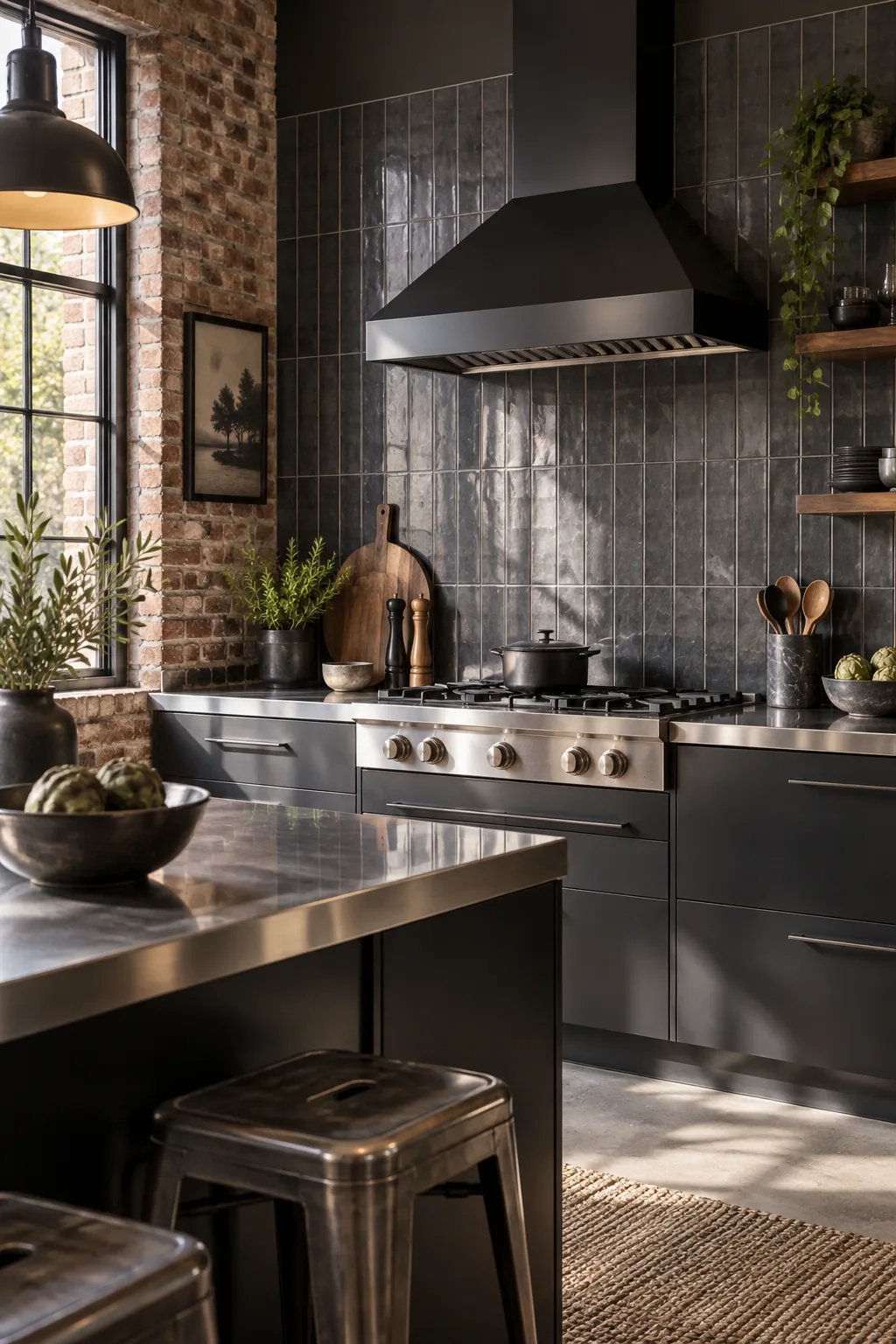 An industrial modern kitchen featuring a charcoal slate vertical stack-bond tile backsplash.