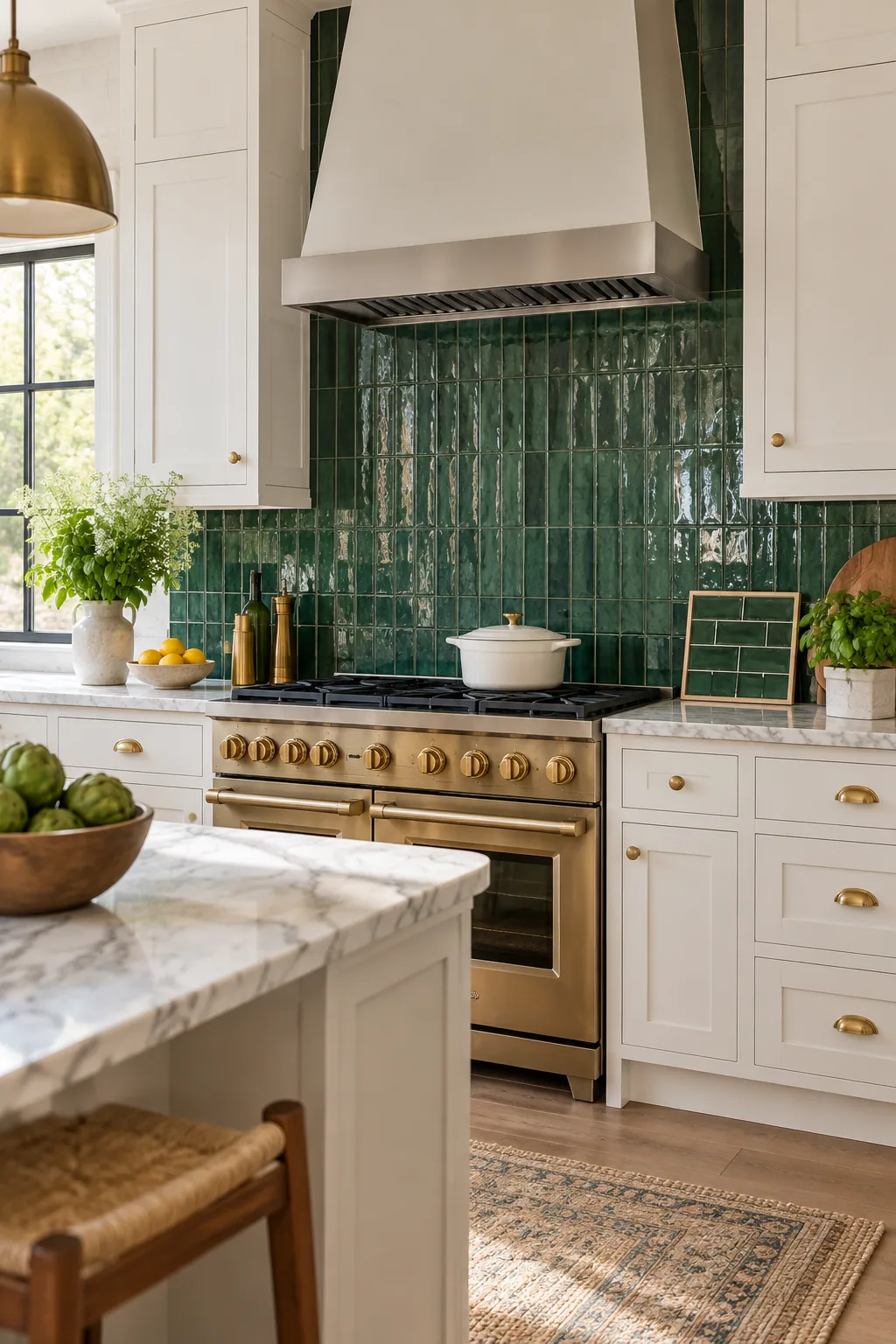 A kitchen wall tiled in vertical emerald green subway tile, with a horizontal sample board resting on the marble counter.