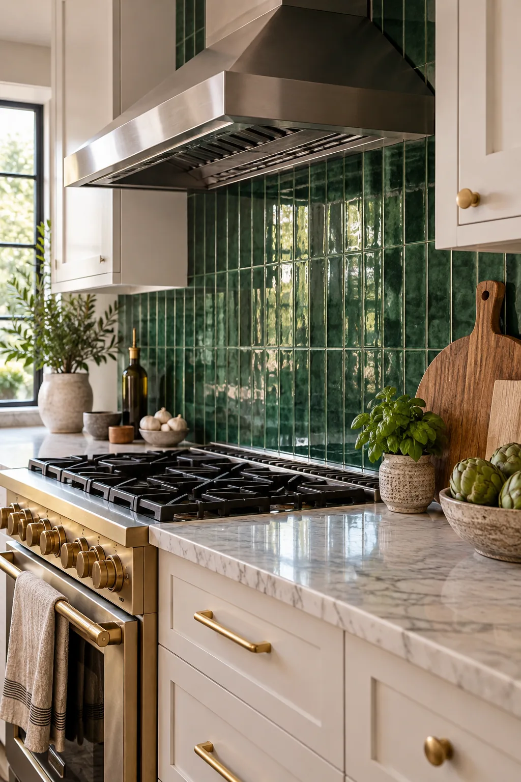 Perfectly straight vertical grout lines in an emerald green tiled backsplash running up behind a stainless steel range hood.