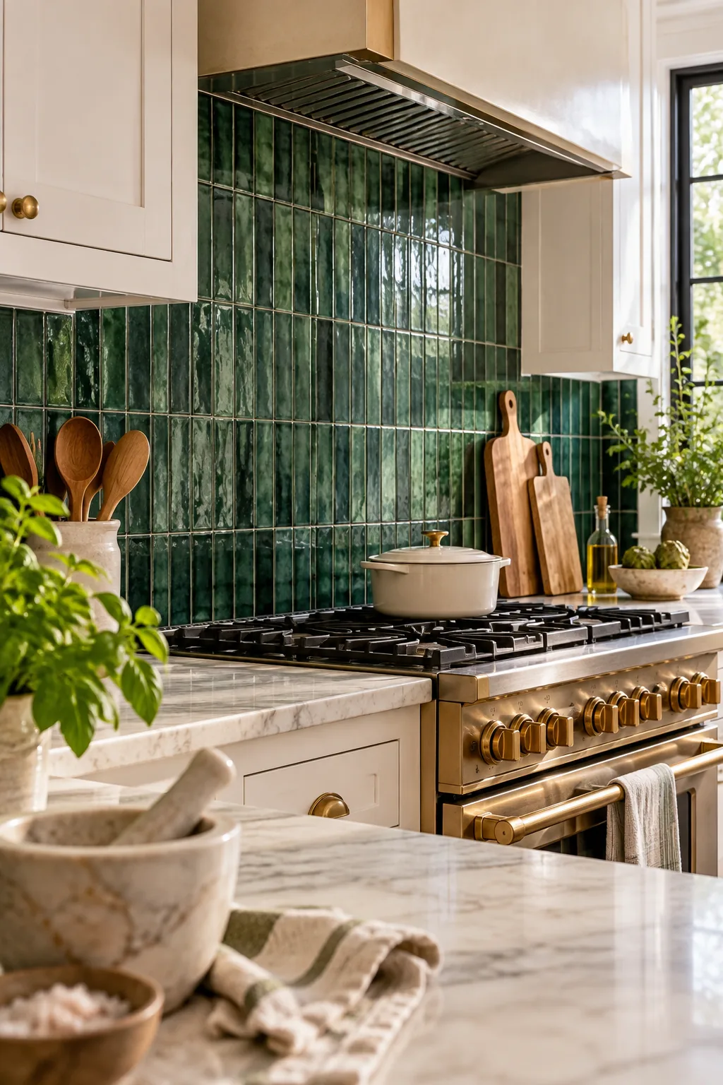 A close-up of emerald green subway tiles showing an even distribution of light and dark shade variations.