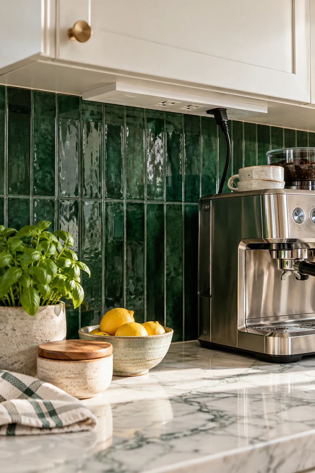Close-up detail of emerald green kitchen tile with custom-tinted matching green grout.