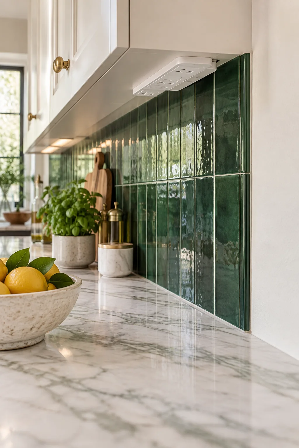 A low-angle view of a white under-cabinet plug strip mounted above an uninterrupted emerald green tile backsplash.