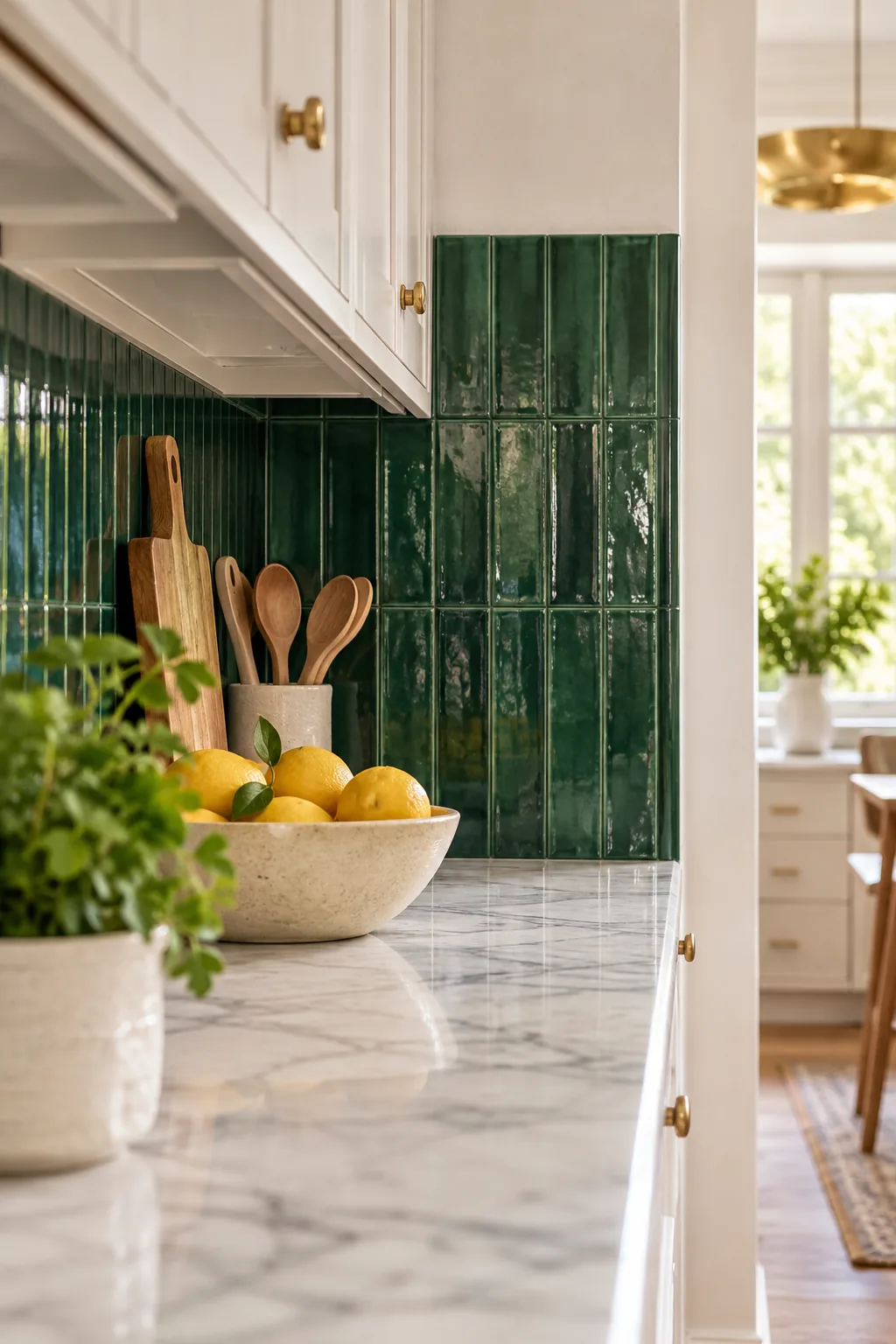 The finished edge of an emerald green vertical stack-bond tile backsplash terminating cleanly against a white wall.
