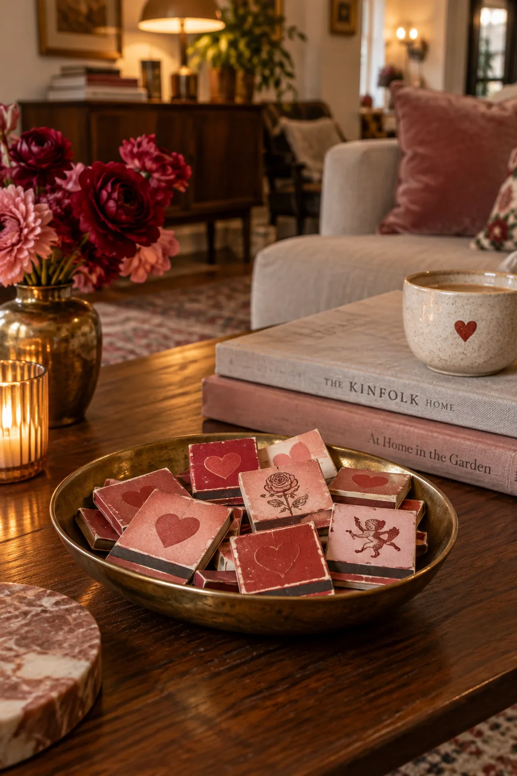 A small brass dish filled with pink and red vintage matchbooks on a coffee table