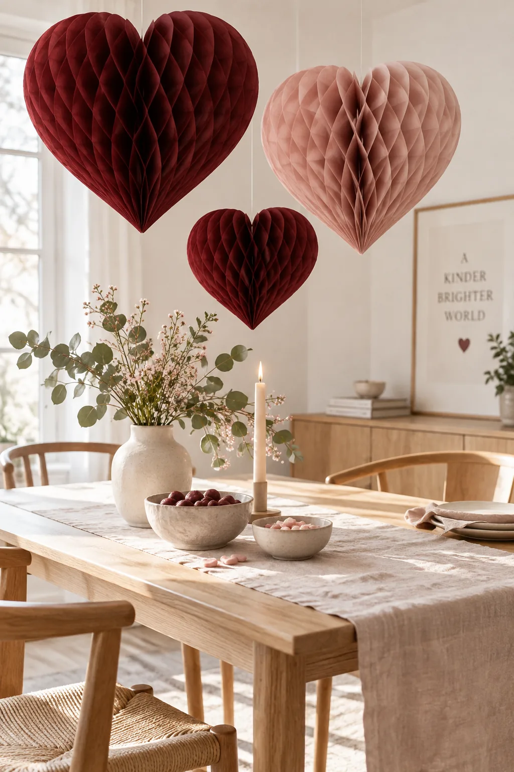 Three oversized paper honeycombs in burgundy and blush hanging above a dining table