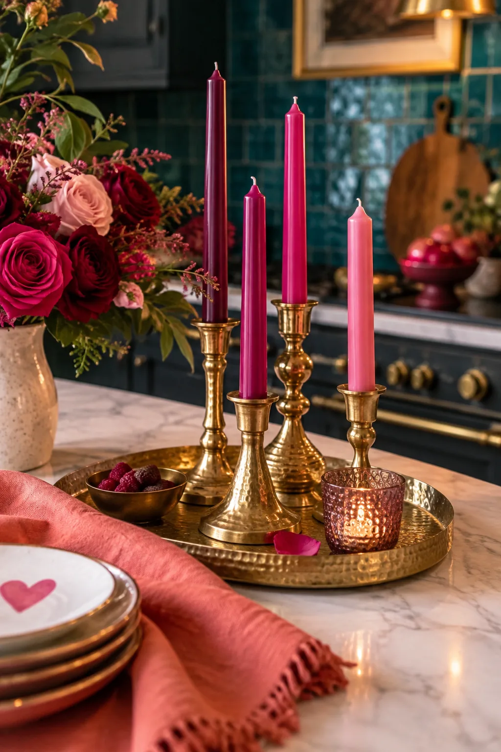 Plum and blush pink taper candles in brass holders on a kitchen island