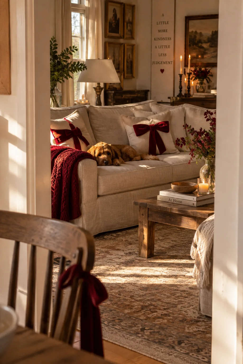 A linen throw pillow tied with a rich wine velvet ribbon bow