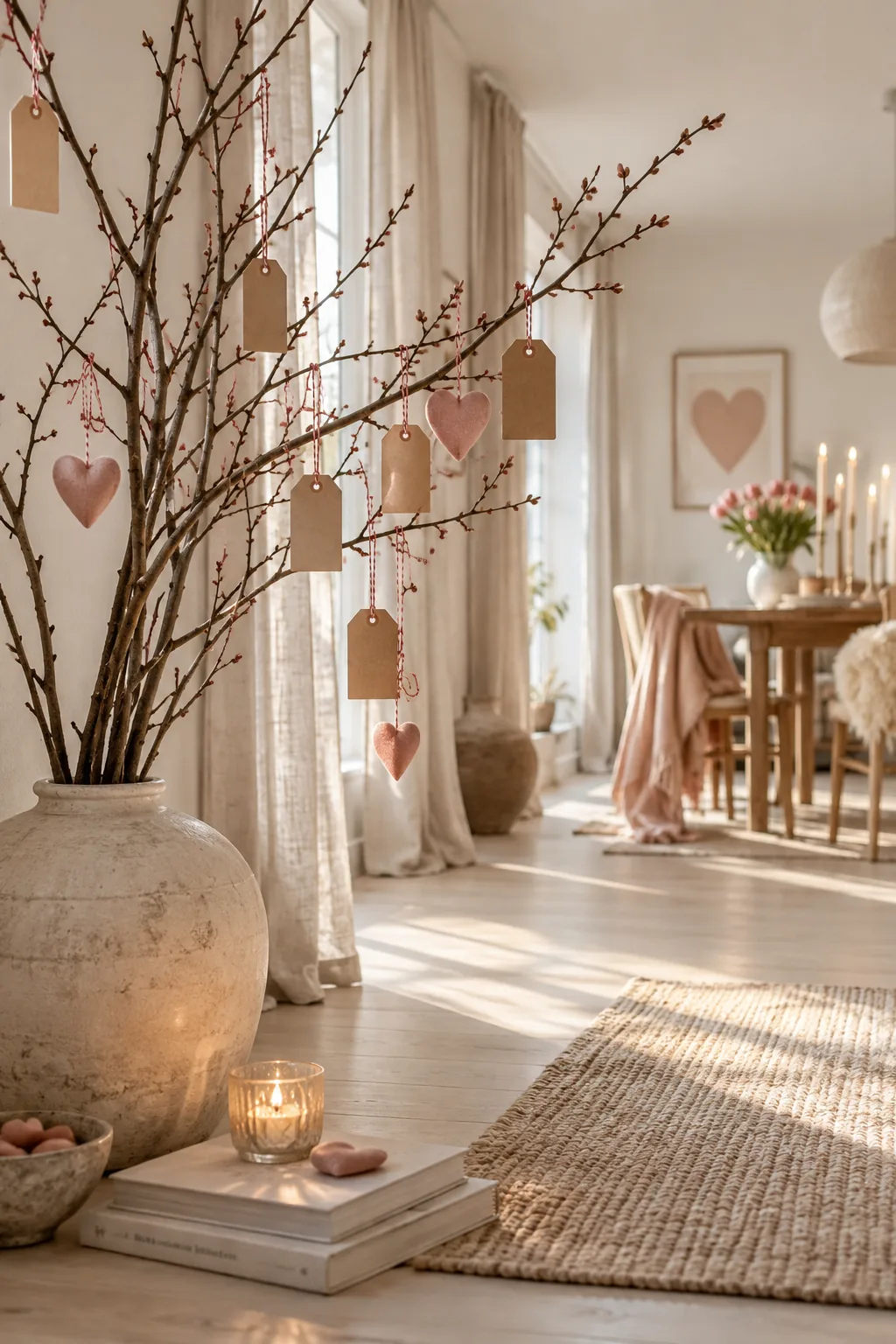 A bare winter branch in a ceramic vase decorated with small paper tags tied with twine