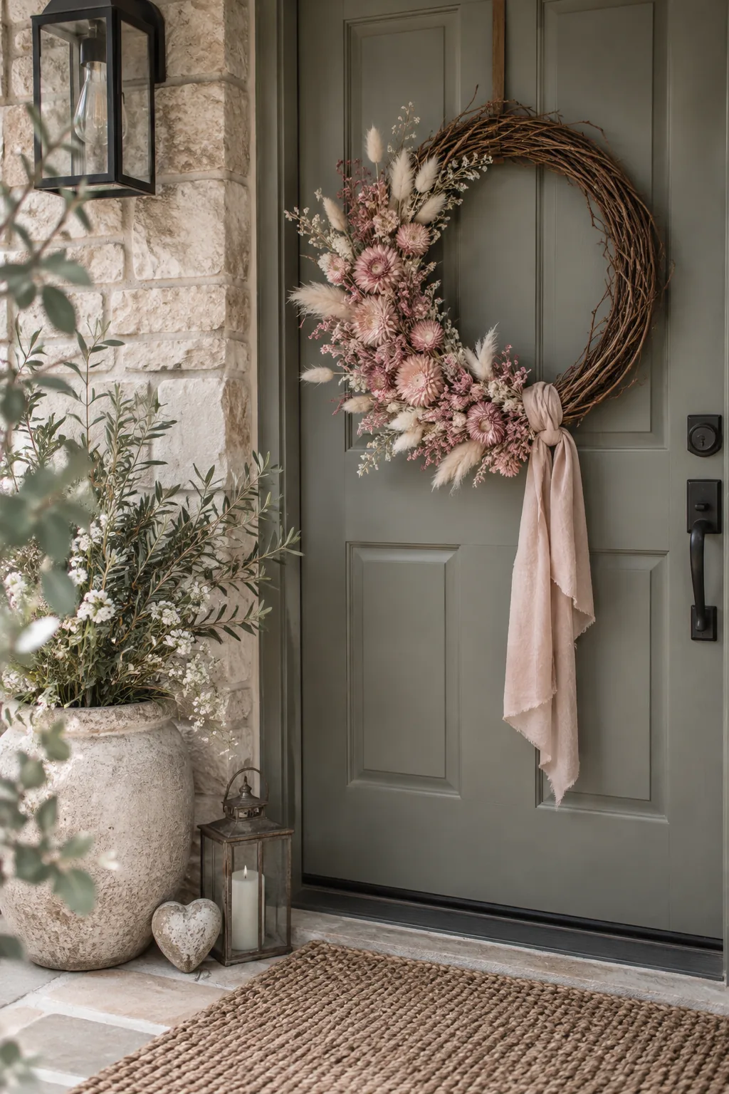 A grapevine wreath woven with dried pink strawflowers and bleached bunny tails
