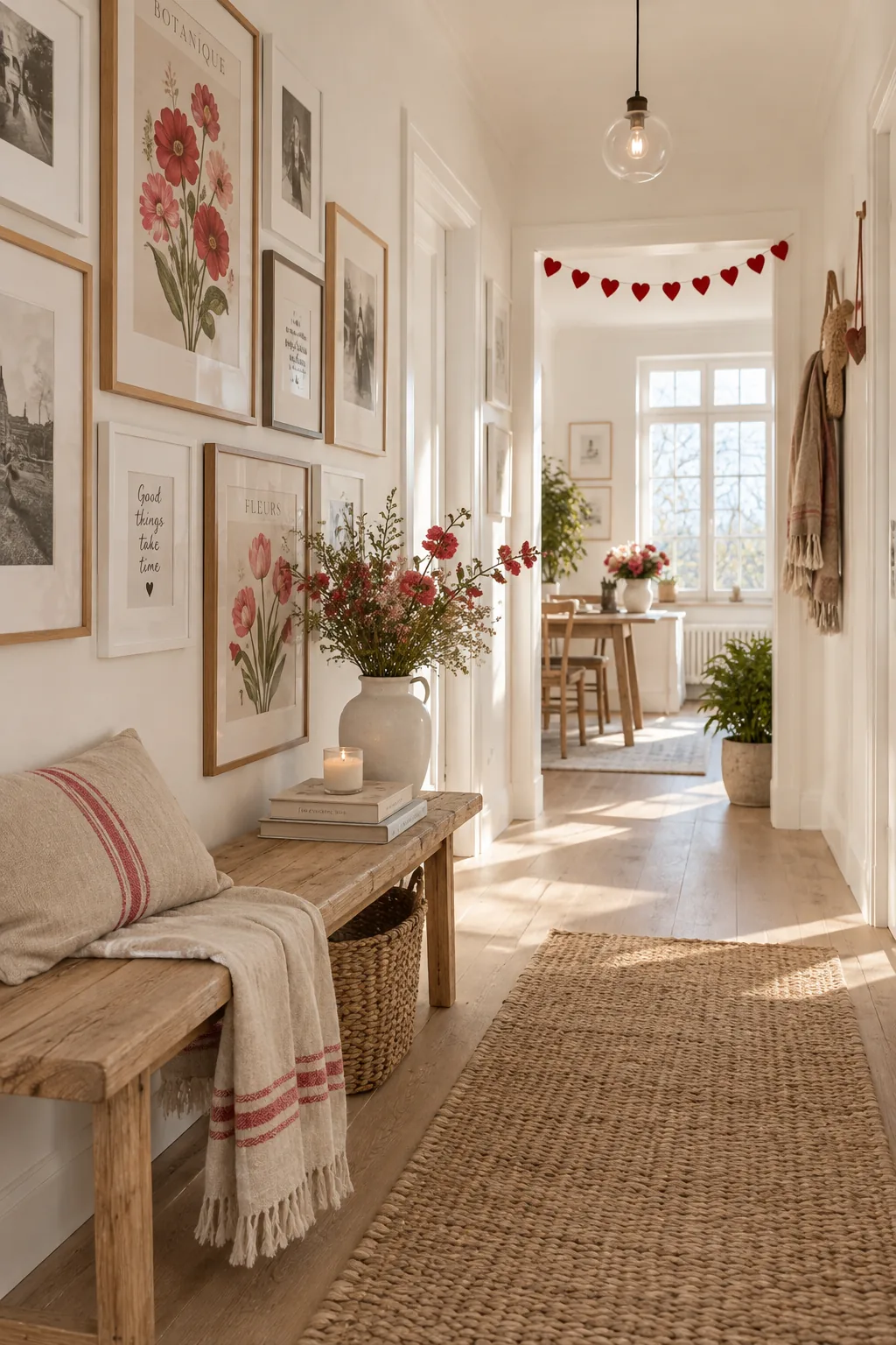 Two vintage botanical prints of red and pink flowers in frames on a hallway gallery wall