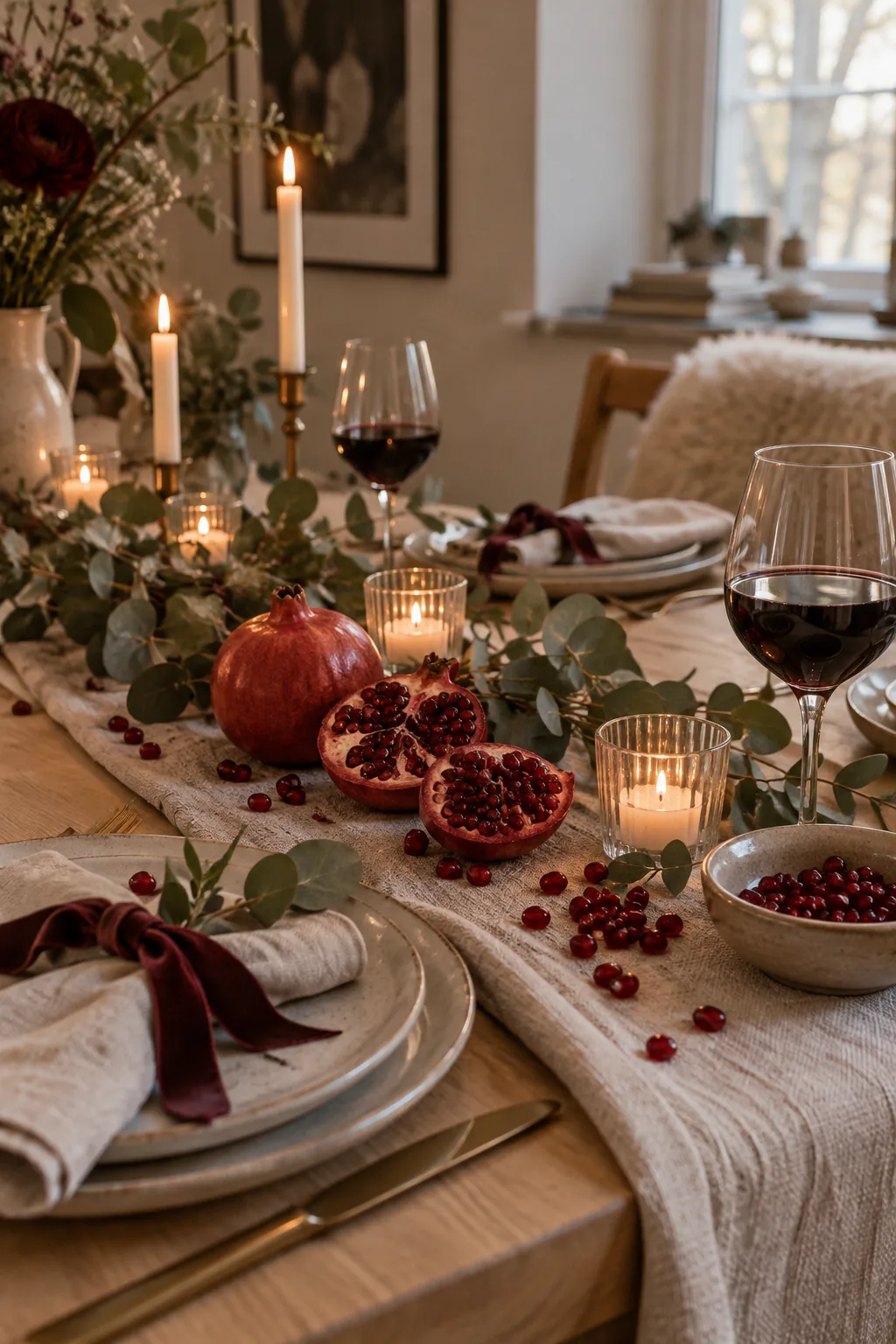 Fresh pomegranate halves scattered along a linen table runner with glass votives