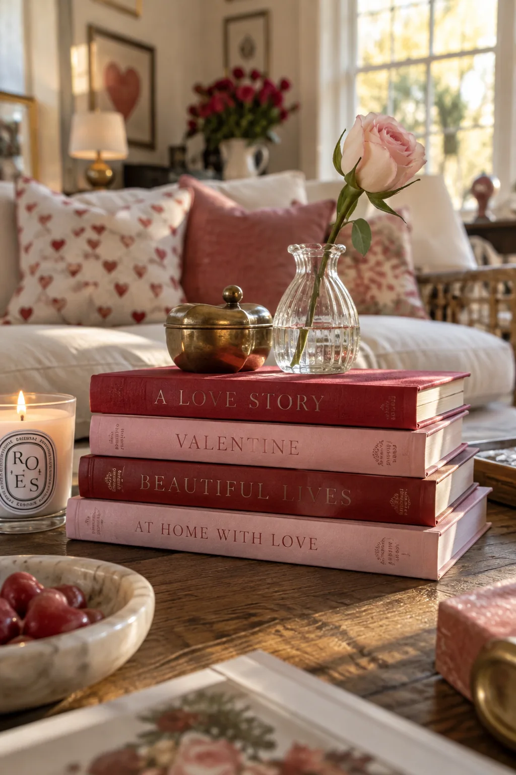 A stack of books with red and pink spines on a coffee table topped with a brass object