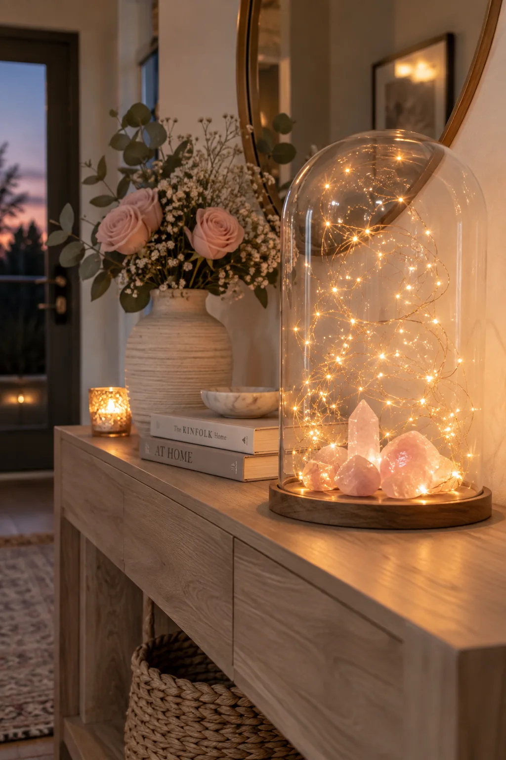 Copper wire fairy lights and pink quartz crystals glowing inside a large glass cloche