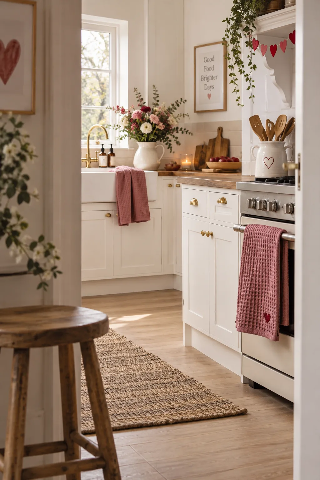 Dusty rose waffle-knit hand towels draped over an oven handle in a kitchen