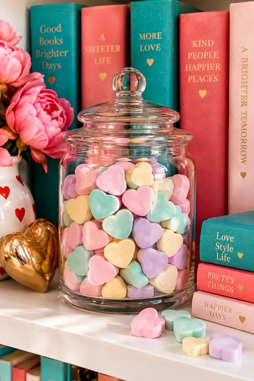 A clear glass apothecary jar filled with pastel conversation hearts on a bookshelf