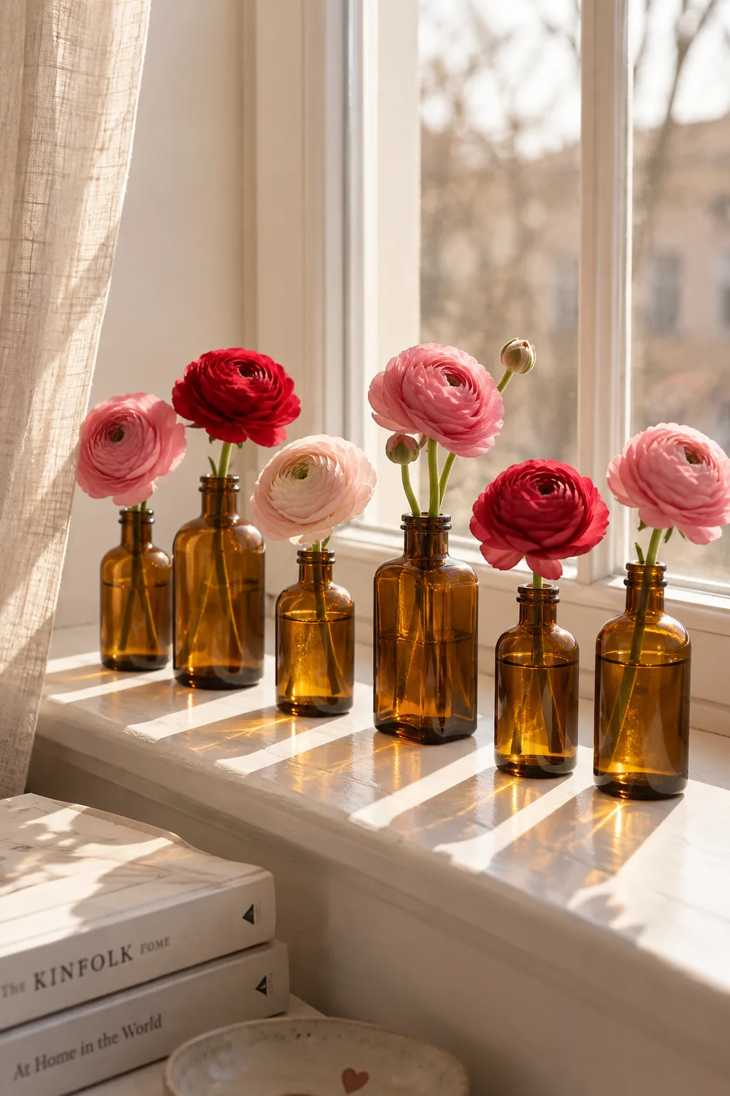 Five small amber vintage medicine bottles lined up on a windowsill, each holding a single pink ranunculus stem