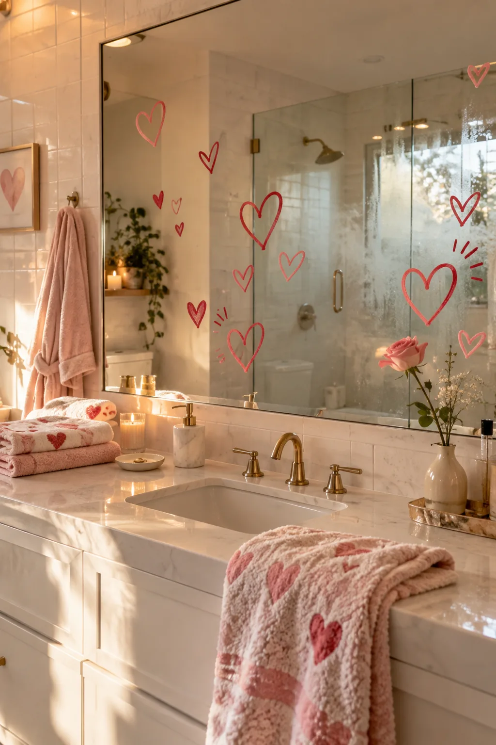 A bathroom mirror with a heart and a short love note written in red dry erase marker
