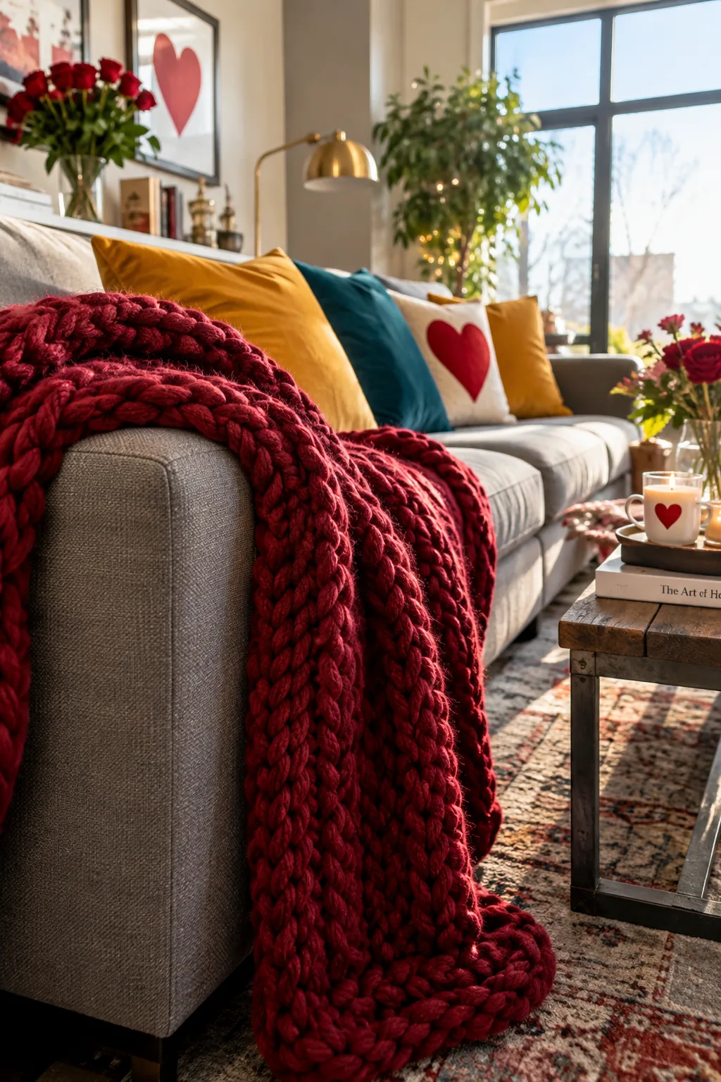 A chunky red knit throw blanket draped casually over the arm of a neutral sofa