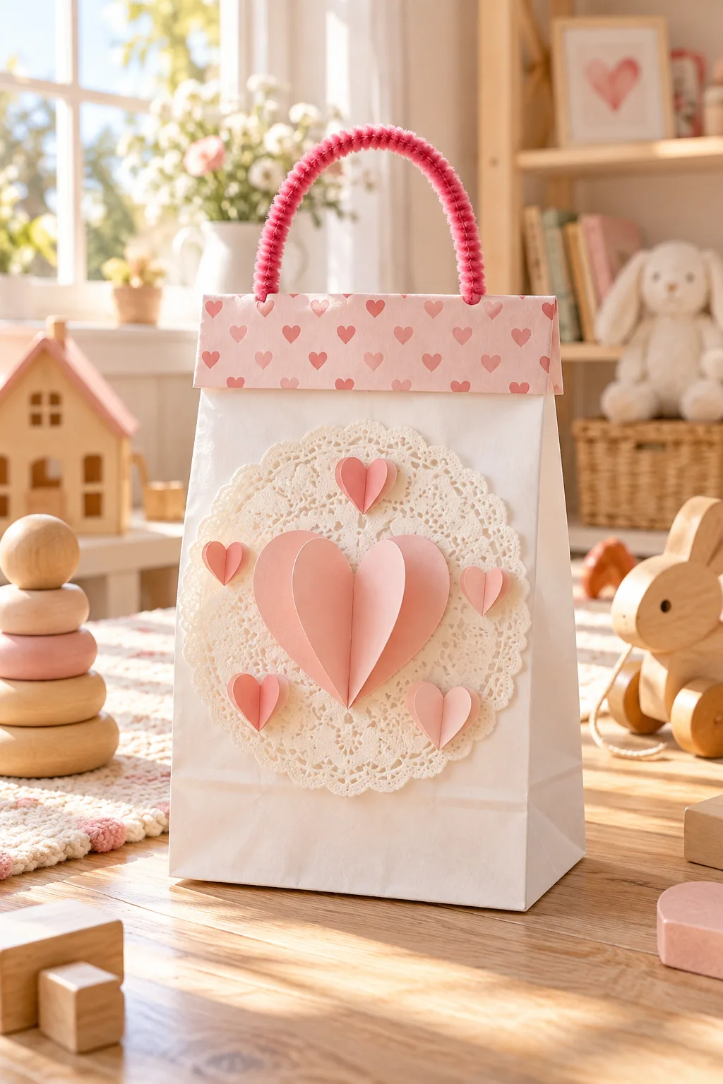 A white kraft paper bag decorated with ivory lace and pastel pink 3D hearts in a sunlit playroom.
