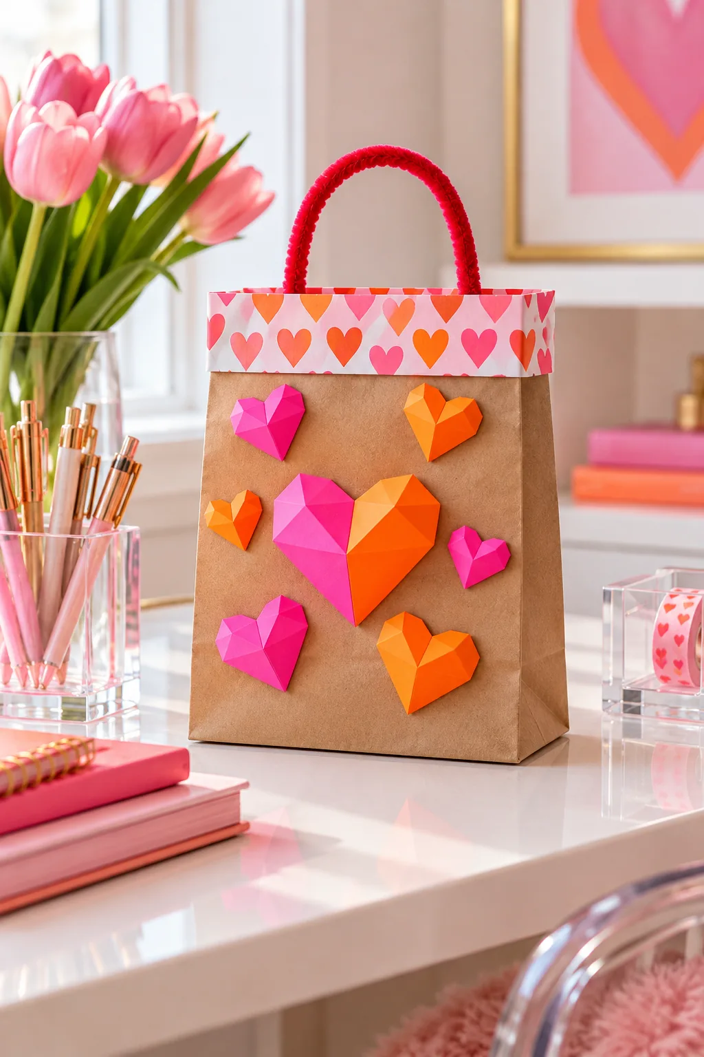 A brown kraft bag decorated with neon pink and orange geometric 3D hearts on a modern desk.