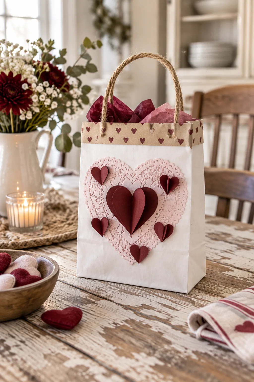 A white kraft bag with a twine handle and burgundy 3D hearts on a farmhouse table.