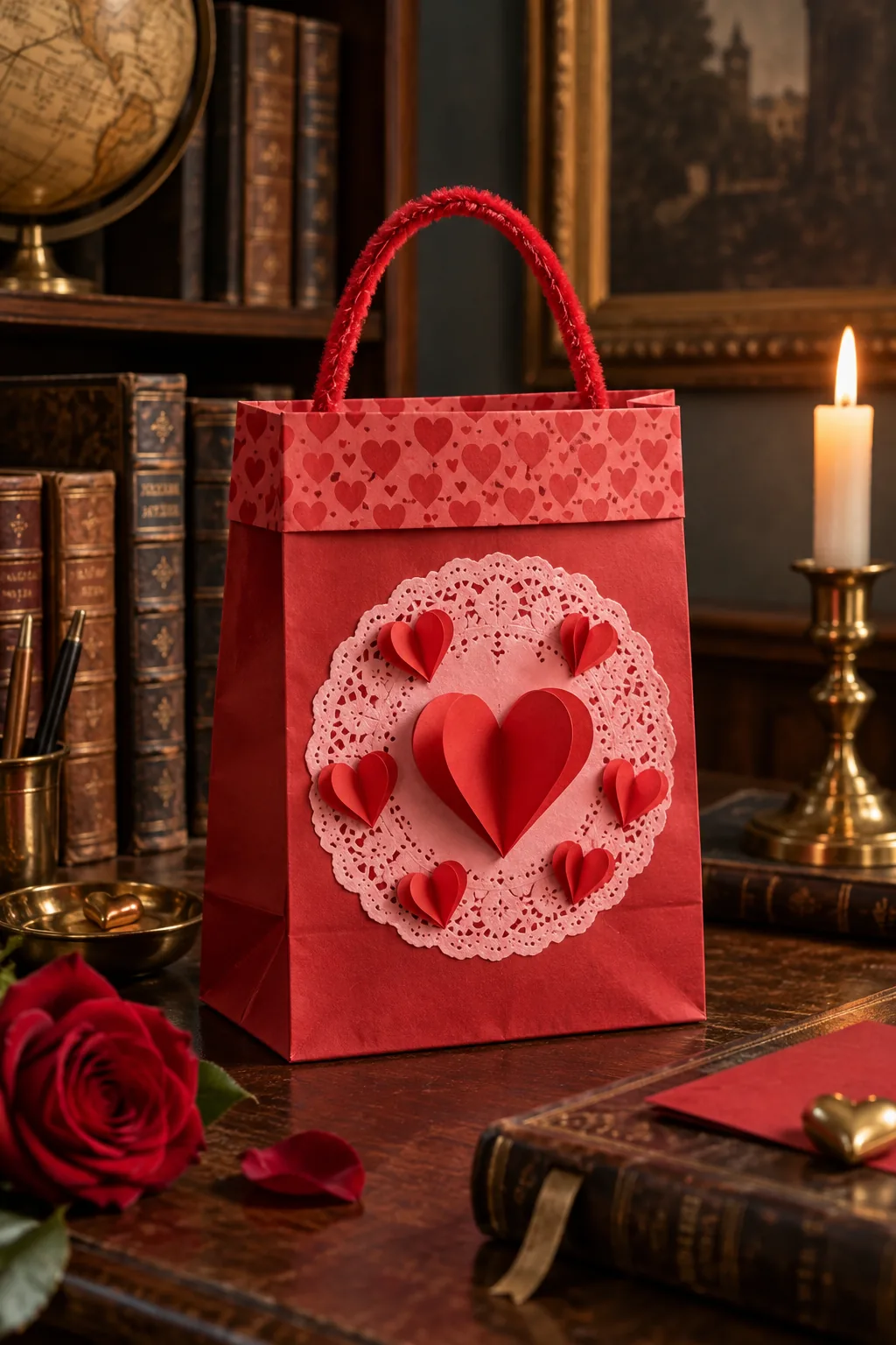 A completely red paper bag decorated with red 3D hearts, sitting among vintage books in a dark study.