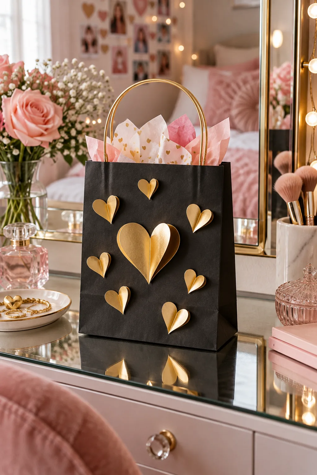 A black kraft paper bag decorated with metallic gold 3D hearts and a gold wire handle on a mirrored vanity.