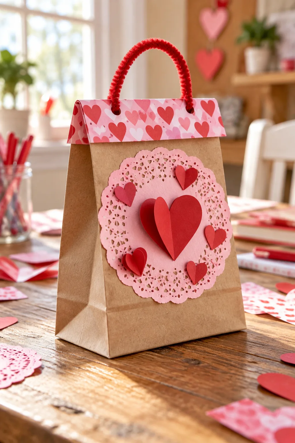 Valentines Bag Decoration: 3D Paper Heart Lunch Bag Steps