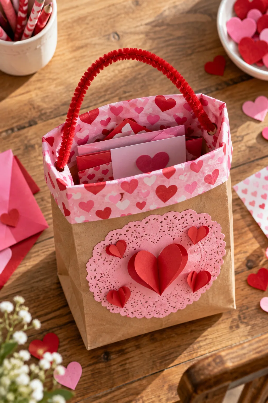 The top of a kraft paper bag folded down into a thick cuff lined with pink and red heart-patterned paper.